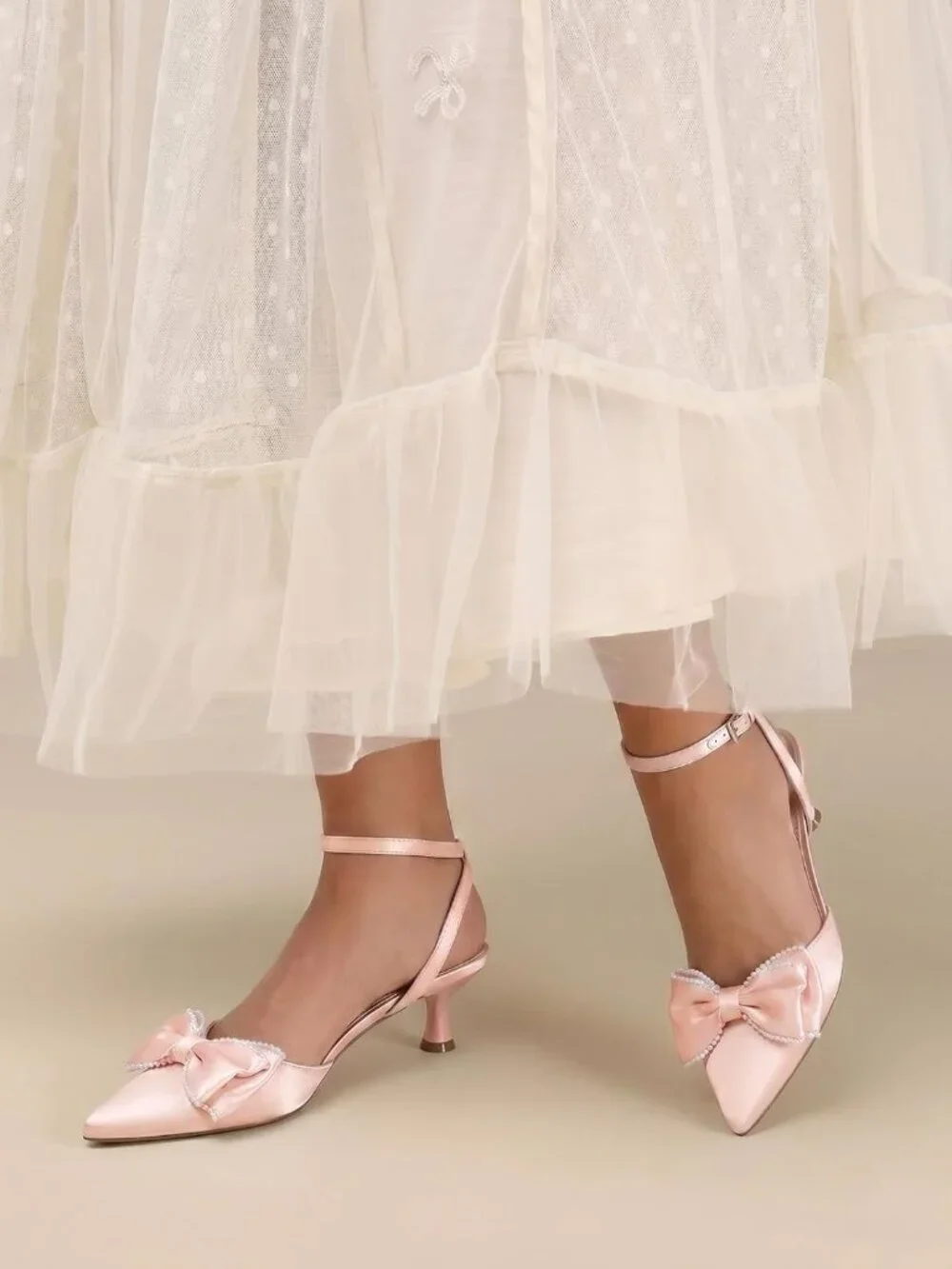 Women's Pink Satin Kitten Low Heels Bow Pearl Closed Pointed Toe Ankle Strap